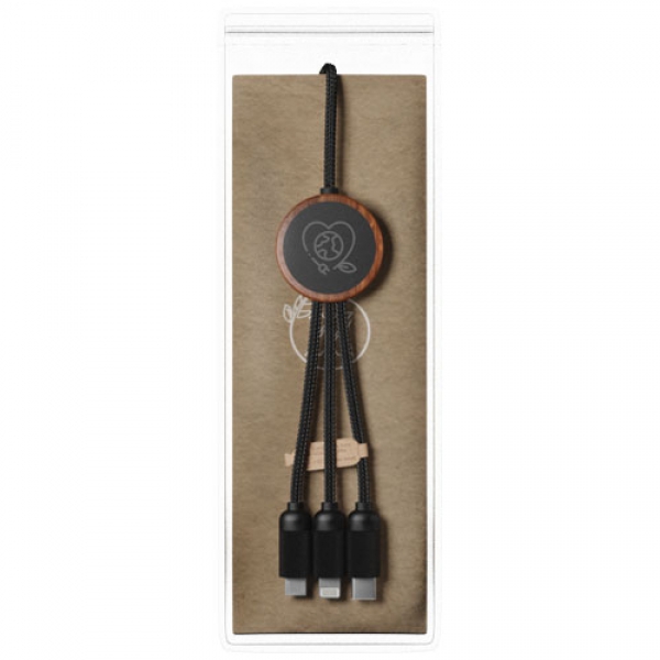 SCX.design C36 przedłużany kabel do ładowania z podświetlanym logo 3-w-1 rPET i z okrągłą bambusową obudową