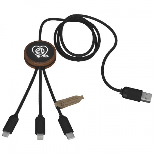 SCX.design C36 przedłużany kabel do ładowania z podświetlanym logo 3-w-1 rPET i z okrągłą bambusową obudową