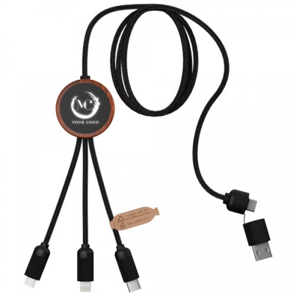 SCX.design C37 kabel do ładowania z podświetlanym logo 5-w-1 rPET i z okrągłą drewnianą obudową 40W