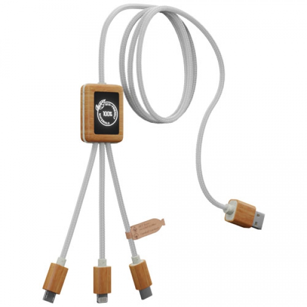 Kabel do ładowania SCX.design C39 z podświetlanym logo 3-w-1 z plastiku PET z recyklingu i z kwadratową drewnianą obudową