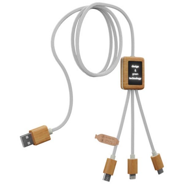 Kabel do ładowania SCX.design C39 z podświetlanym logo 3-w-1 z plastiku PET z recyklingu i z kwadratową drewnianą obudową