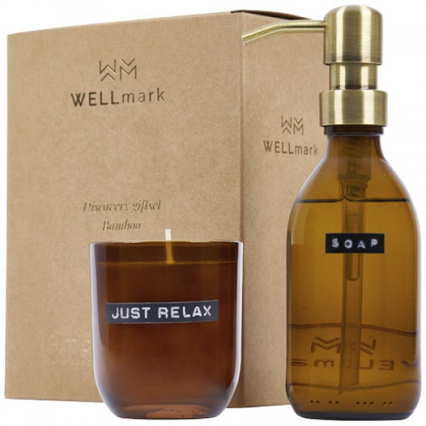 Wellmark Discovery dozownik na mydło do rąk o pojemności 250 ml i zestaw świec zapachowych 150 g - o zapachu bambusa 