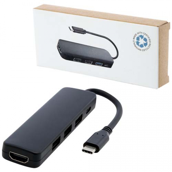 Loop adapter multimedialny USB 2.0-3.0 z portem HDMI wykonany z tworzyw sztucznych pochodzących z recyklingu z certyfikatem R