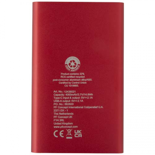 Pep powerbank o pojemności 4000 mAh Type-C z aluminium pochodzącego z recyklingu 