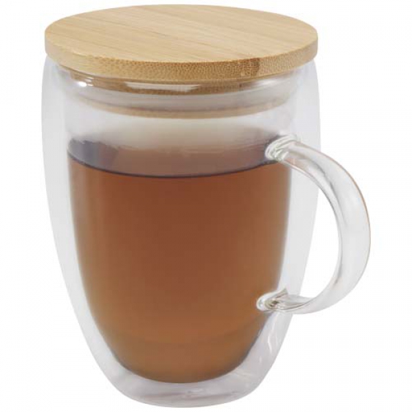 Szklany kubek Leona 350 ml z bambusową pokrywką