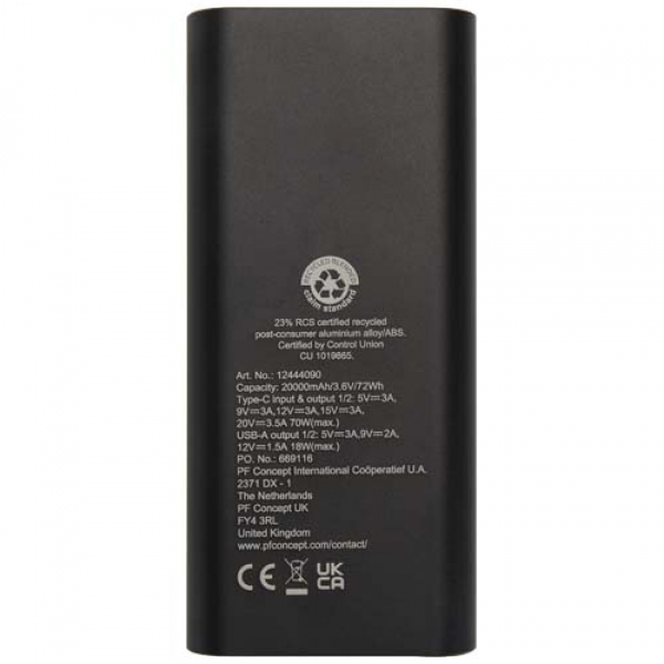 Acamar powerbank do laptopa o pojemności 20 000 mAh i mocy 70 W z aluminium z recyklingu