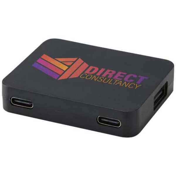Gaia 4-portowy hub USB z wyjściem USB-A i typu C oraz podwójnym wejściem — wykonany z tworzyw sztucznych pochodzących z recyk