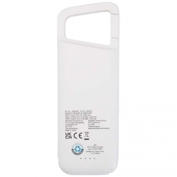 Alkes wodoodporny powerbank z karabińczykiem o pojemności 5000 mAh i mocy 12 W, wykonany z tworzyw sztucznych pochodzących z 