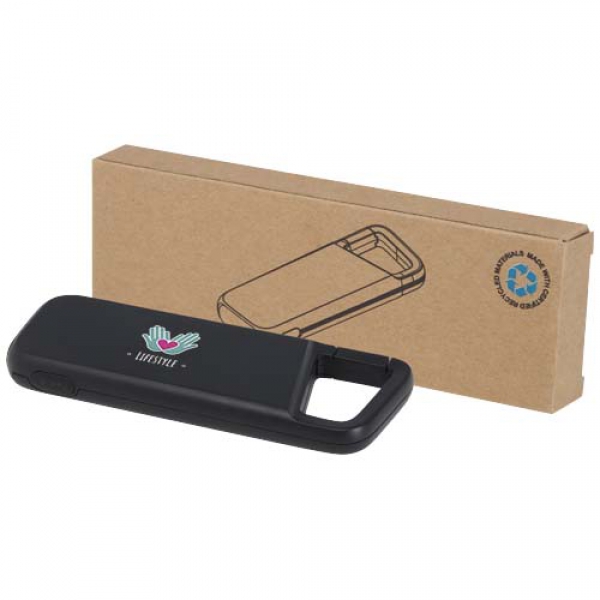 Alkes wodoodporny powerbank z karabińczykiem o pojemności 5000 mAh i mocy 12 W, wykonany z tworzyw sztucznych pochodzących z 
