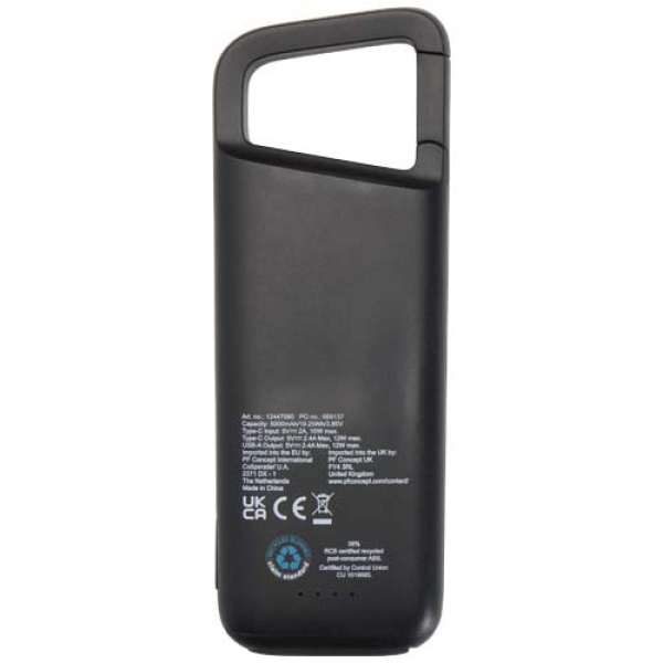 Alkes wodoodporny powerbank z karabińczykiem o pojemności 5000 mAh i mocy 12 W, wykonany z tworzyw sztucznych pochodzących z 