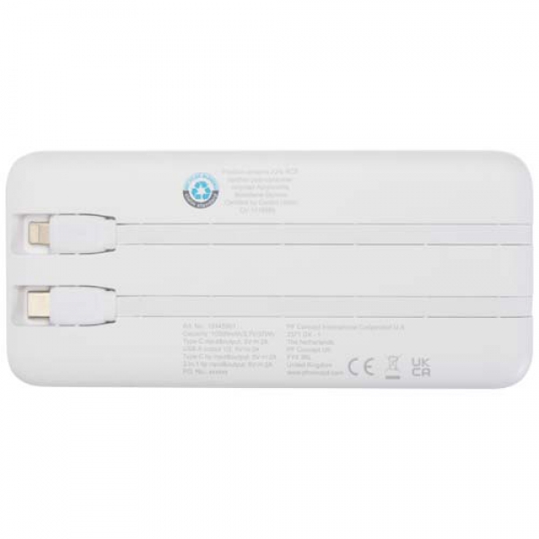 Adhil powerbank o pojemności 10.000 mAh i mocy 10 W z tworzyw sztucznych pochodzących z recyklilngu z 2 wbudowanymi kablami