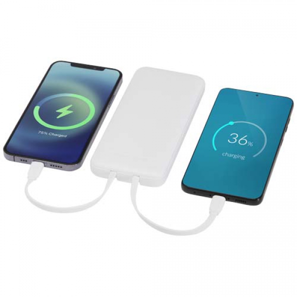 Adhil powerbank o pojemności 10.000 mAh i mocy 10 W z tworzyw sztucznych pochodzących z recyklilngu z 2 wbudowanymi kablami