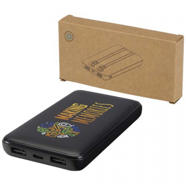 Adhil powerbank o pojemności 10.000 mAh i mocy 10 W z tworzyw sztucznych pochodzących z recyklilngu z 2 wbudowanymi kablami