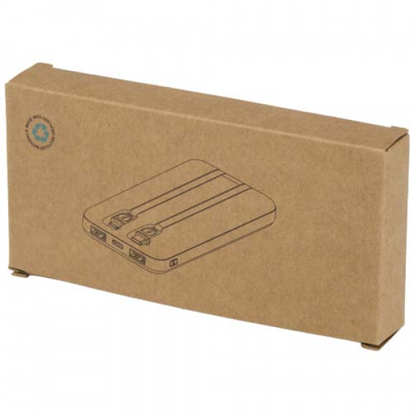 Adhil powerbank o pojemności 10.000 mAh i mocy 10 W z tworzyw sztucznych pochodzących z recyklilngu z 2 wbudowanymi kablami