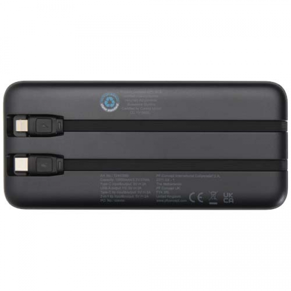 Adhil powerbank o pojemności 10.000 mAh i mocy 10 W z tworzyw sztucznych pochodzących z recyklilngu z 2 wbudowanymi kablami