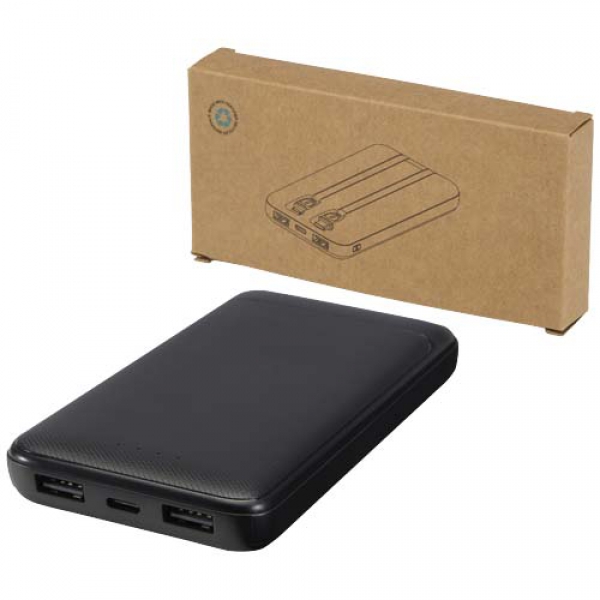 Adhil powerbank o pojemności 10.000 mAh i mocy 10 W z tworzyw sztucznych pochodzących z recyklilngu z 2 wbudowanymi kablami