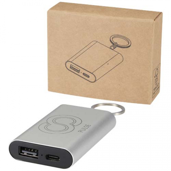 Arcturus powerbank o pojemności 2000 mAh z recyklingowanego aluminium z brelokiem